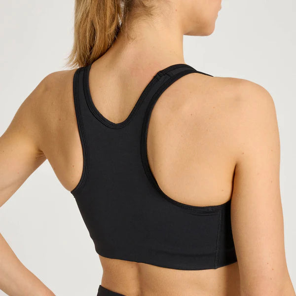 Vista posteriore del reggiseno tecnico nero Leone Logo che mostra il taglio sportivo