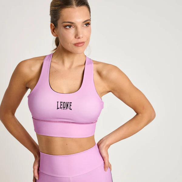 Vista frontale del top sportivo tecnico Leone Stripe 47 colore rosa con dettagli grafici