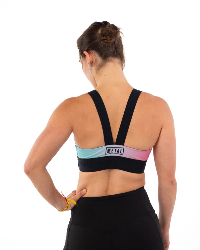 Vista posteriore della brassière Metal Boxe Desert Storm Miami Vibe, dettaglio incrocio e supporto