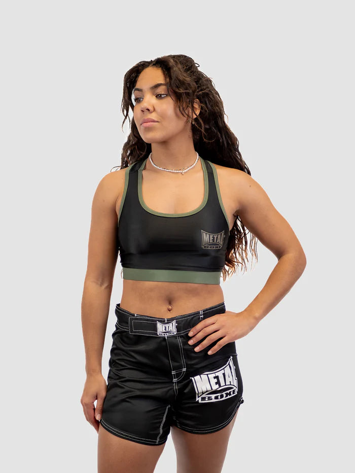 Vista frontale top sportivo Metal Boxe nero e khaki stile militare
