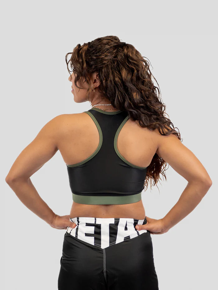 Vista posteriore bra sportivo Metal Boxe nero khaki elasticità e comfort