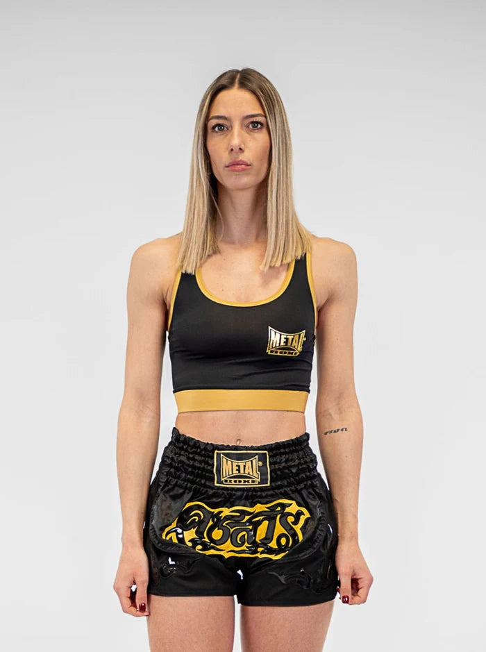 Vista frontale top sportivo Metal Boxe nero e oro in lycra per allenamento