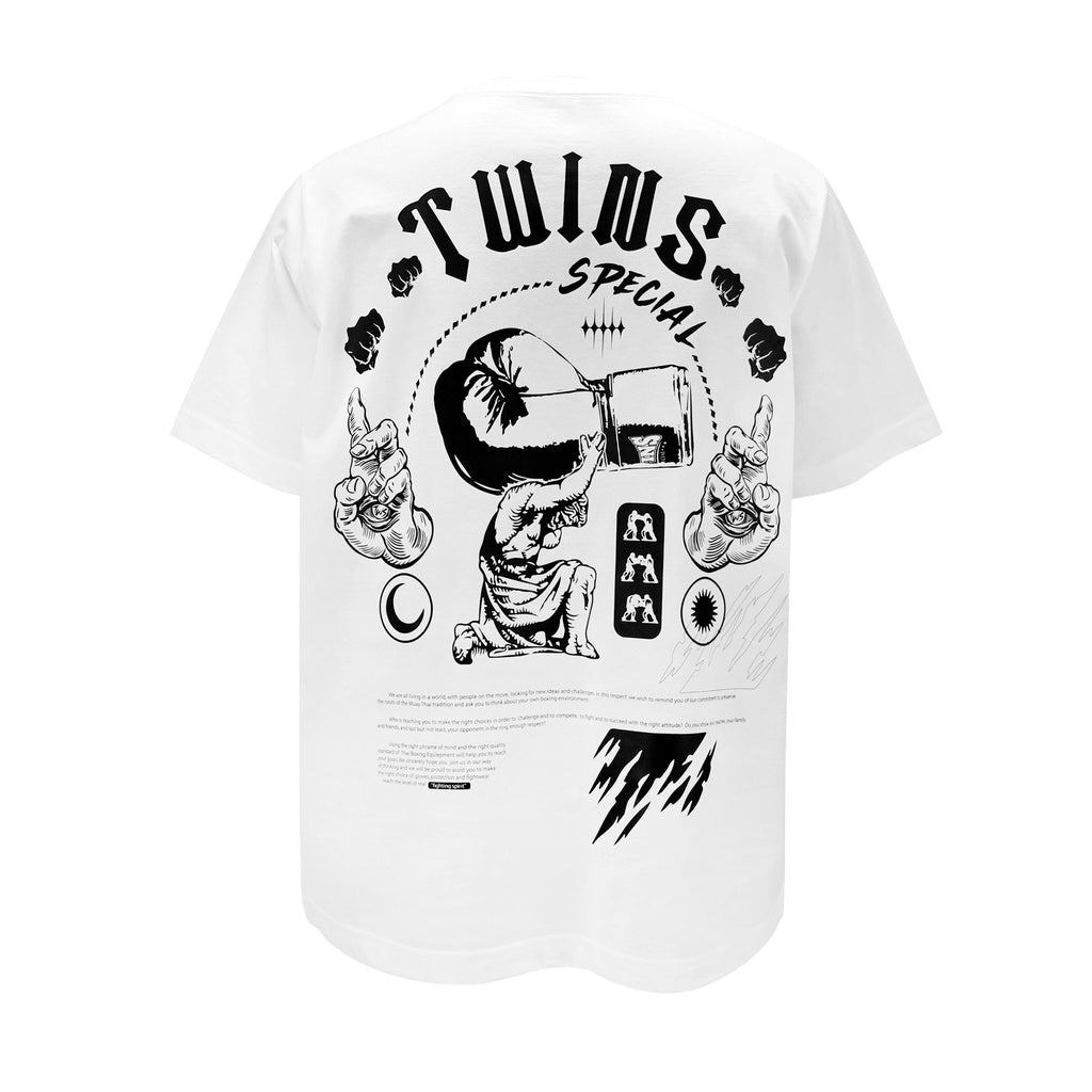 Retro della t-shirt Twins 02 bianca con grande grafica Muay Thai